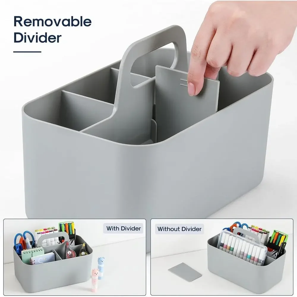 Portable Organizer Caddy with Handle Divided Storage Bin Desk Bathroom Grey